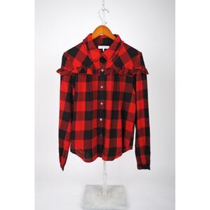 FRAME Flannel Buffalo Red Womens M Ruffled Plaid Button Up MSRP $225